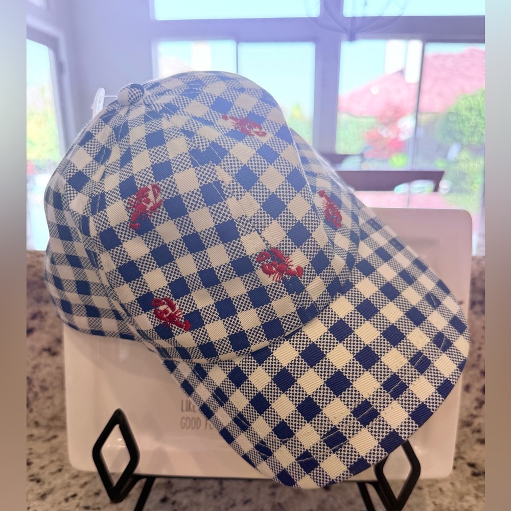 🦞Universal Thread Lobster Baseball Cap Blue White Gingham Adjustable NWOT